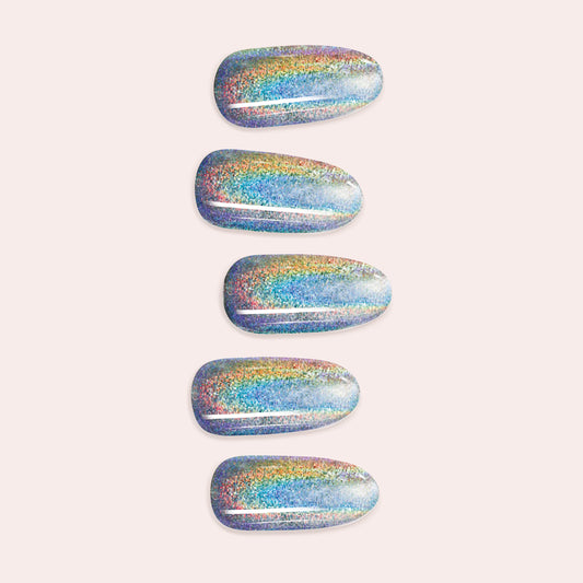 Abstract Blue and Gold Oval Gel Nail Sticker Kit featuring a modern color-block design with navy, grey, and metallic gold for a DIY semi-cured manicure.