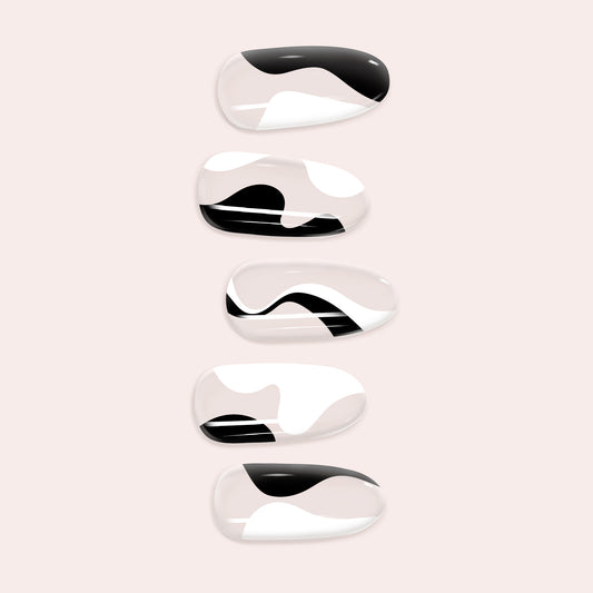 Black and White Graphic Line Art DIY Gel Nail Sticker Kit with minimalist abstract patterns and designs for a modern semi-cured manicure.