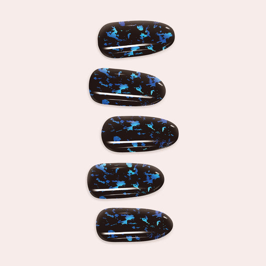 Charcoal and Blue Marble DIY Gel Nail Sticker Kit with dramatic grey and navy swirls for a modern semi-cured manicure.