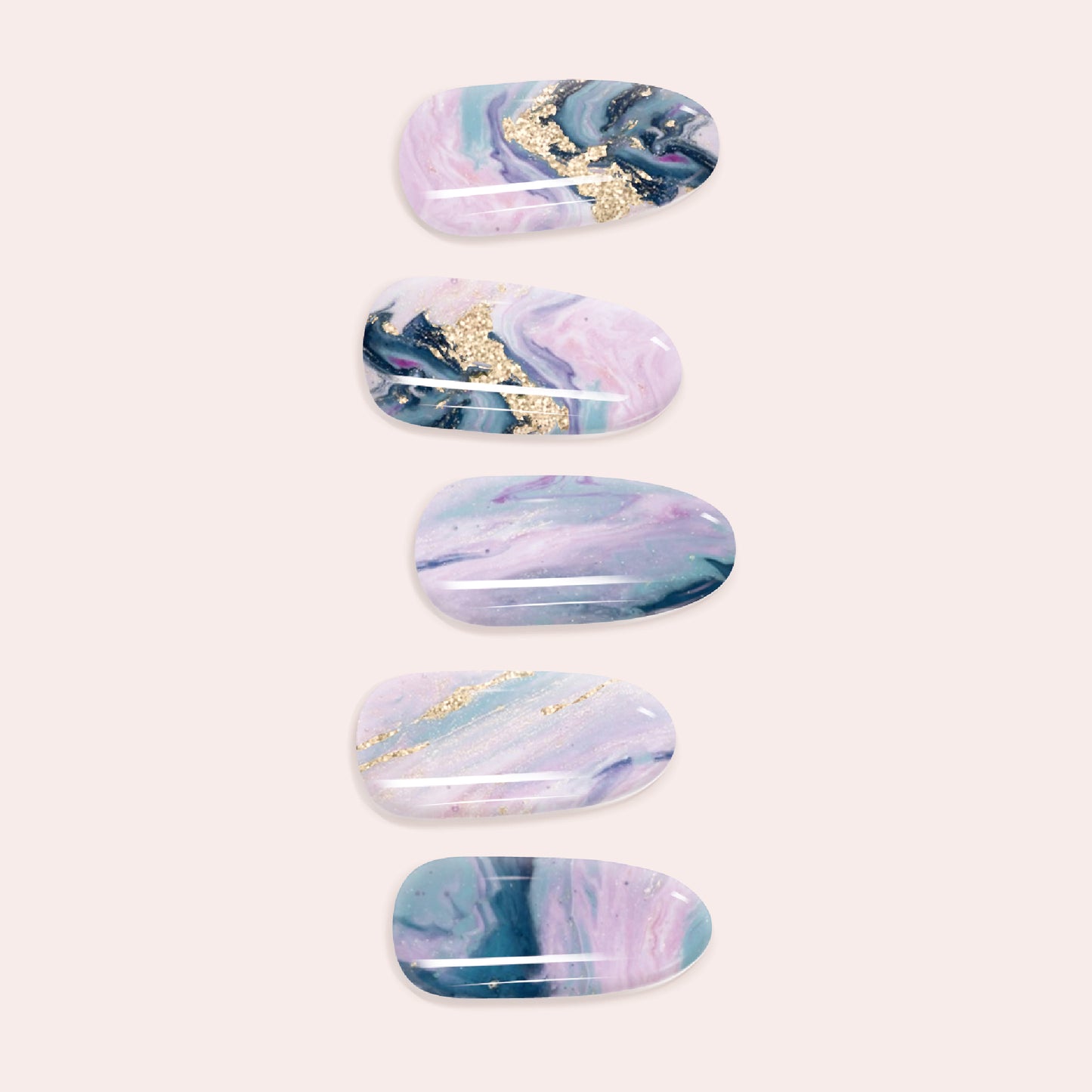 Lavender and Gray Marble Gel Nail Sticker Kit with swirling blue and sand veins for a DIY semi-cured marble manicure.