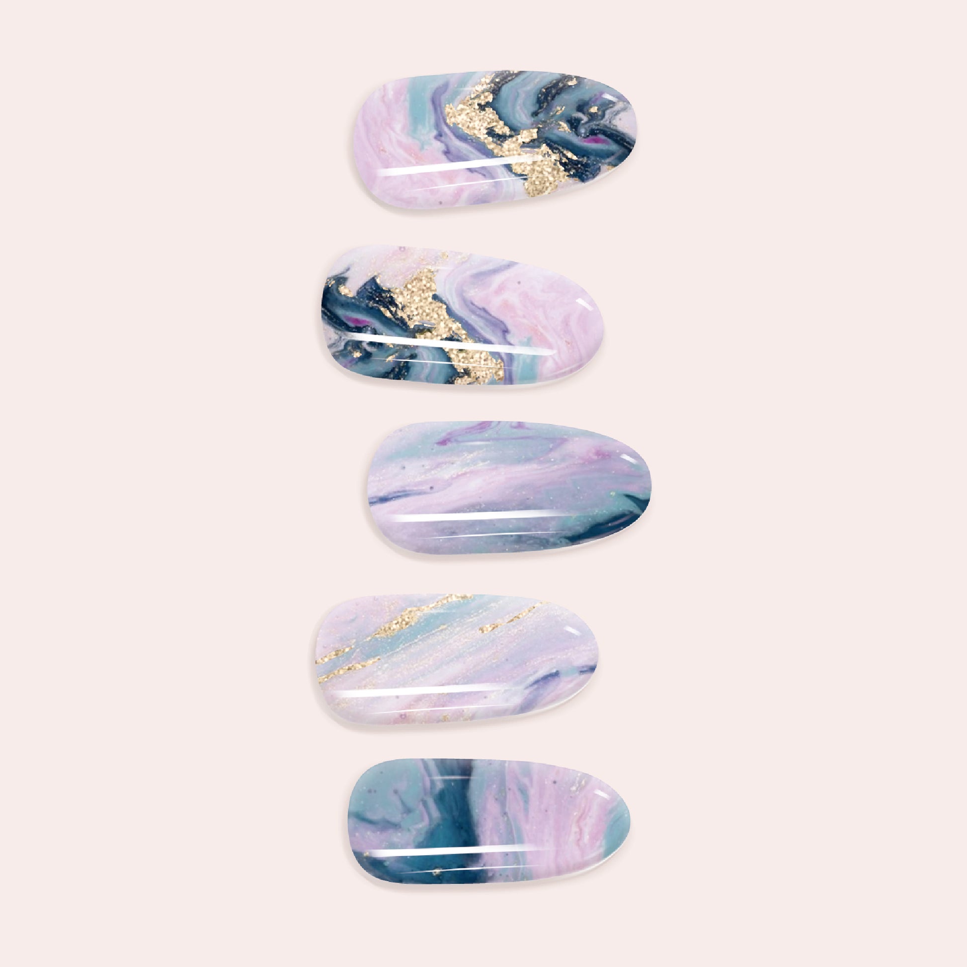 Lavender and Gray Marble Gel Nail Sticker Kit with swirling blue and sand veins for a DIY semi-cured marble manicure.