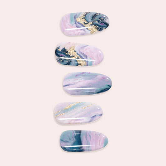 Lavender and Gray Marble Gel Nail Sticker Kit with swirling blue and sand veins for a DIY semi-cured marble manicure.