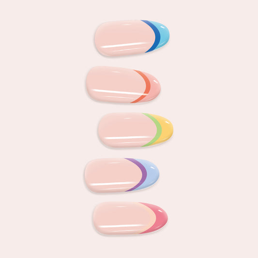 Rainbow French Tip DIY Gel Nail Sticker Kit, featuring a vibrant multicolor tip design on a clear or natural base for a playful semi-cured manicure.